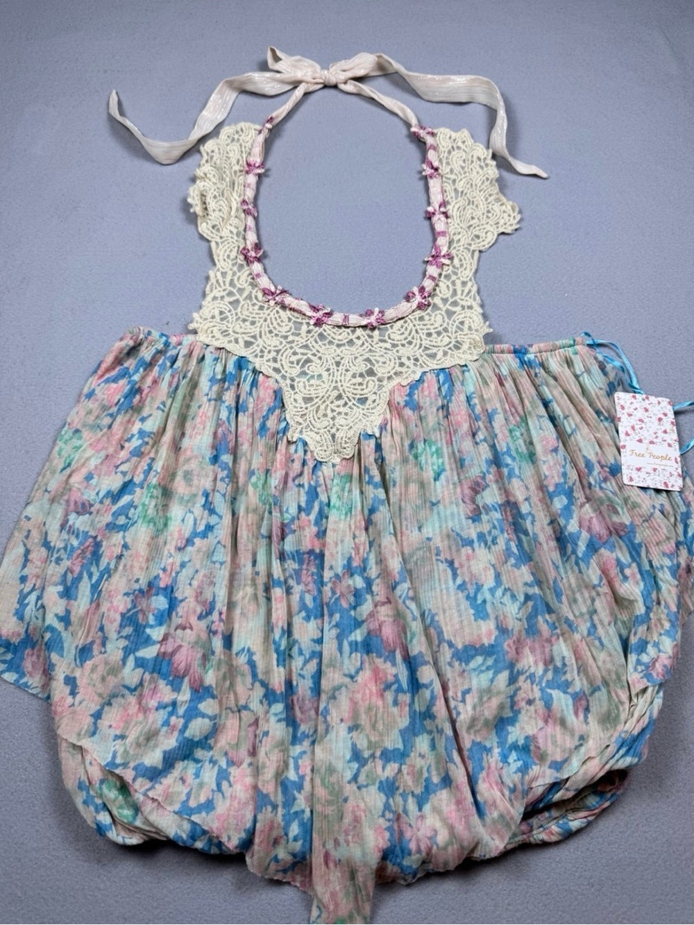 Free People Pastel Floral Crochet Yoke Mini Dress
